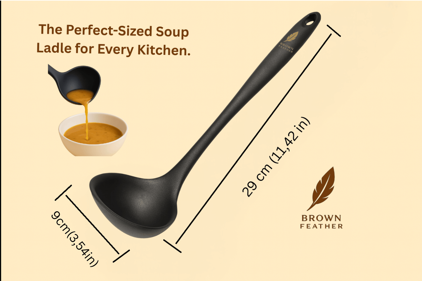 Brown Feather Silicone Soup Ladle – Heat-Resistant & Durable Cooking Utensil