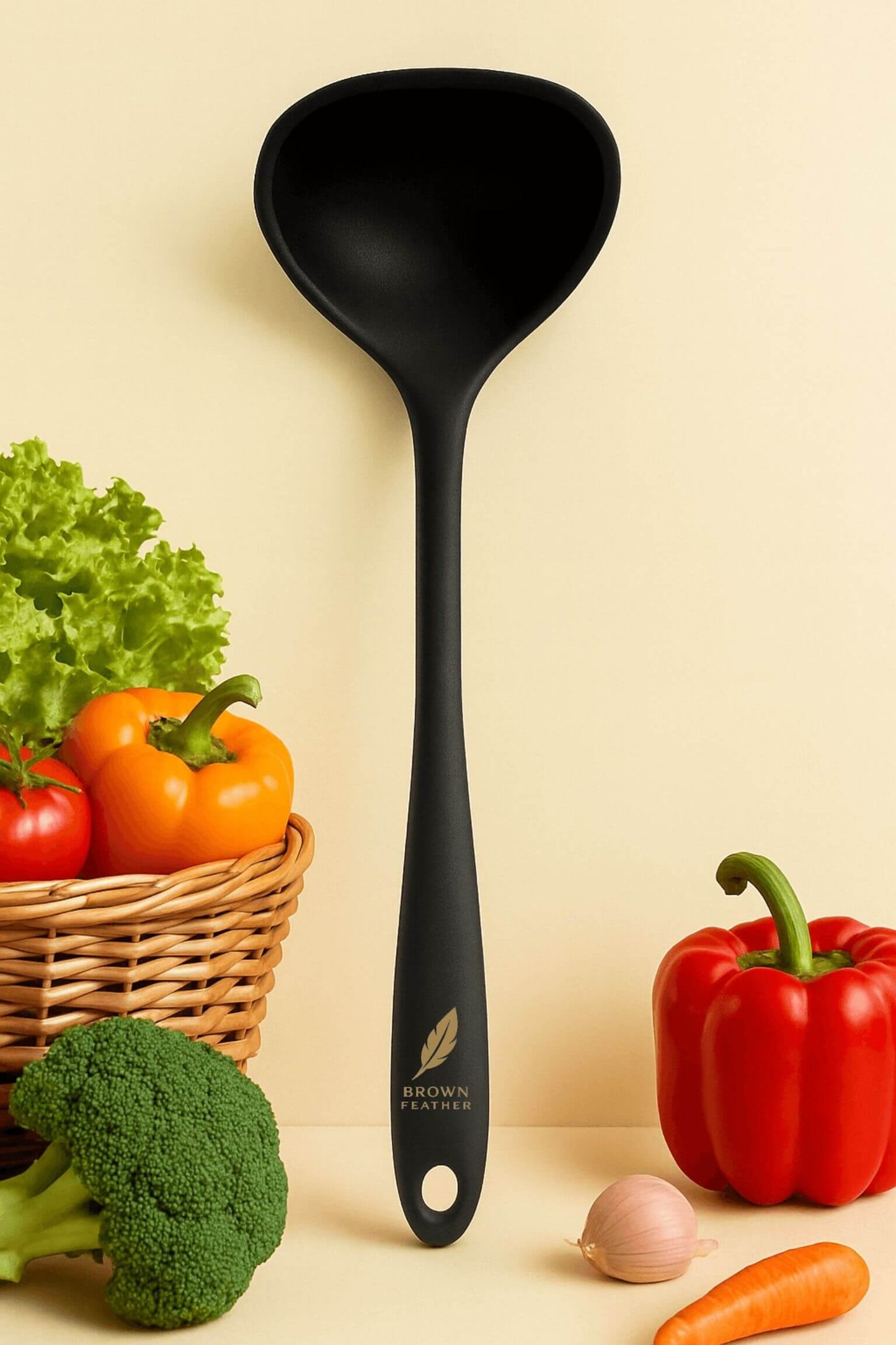 Brown Feather Silicone Soup Ladle – Heat-Resistant & Durable Cooking Utensil