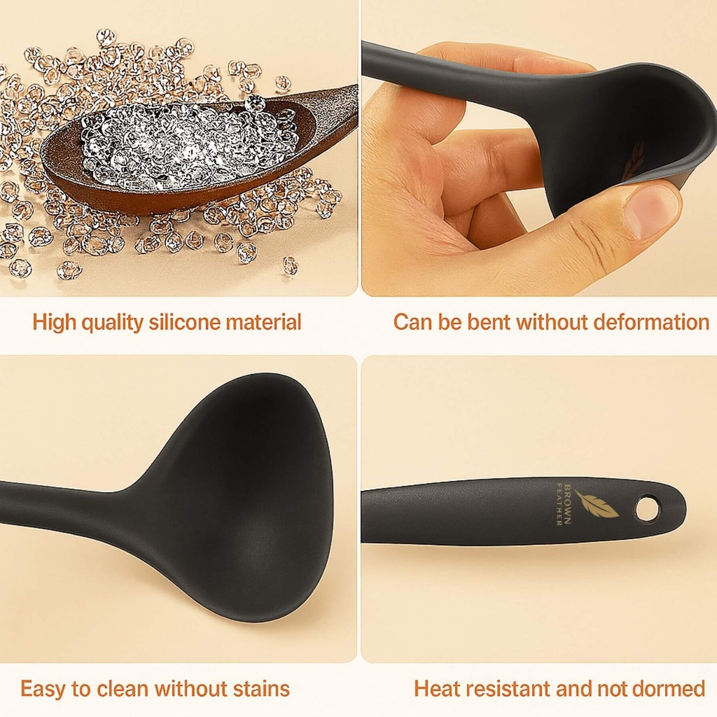 Brown Feather Silicone Soup Ladle – Heat-Resistant & Durable Cooking Utensil