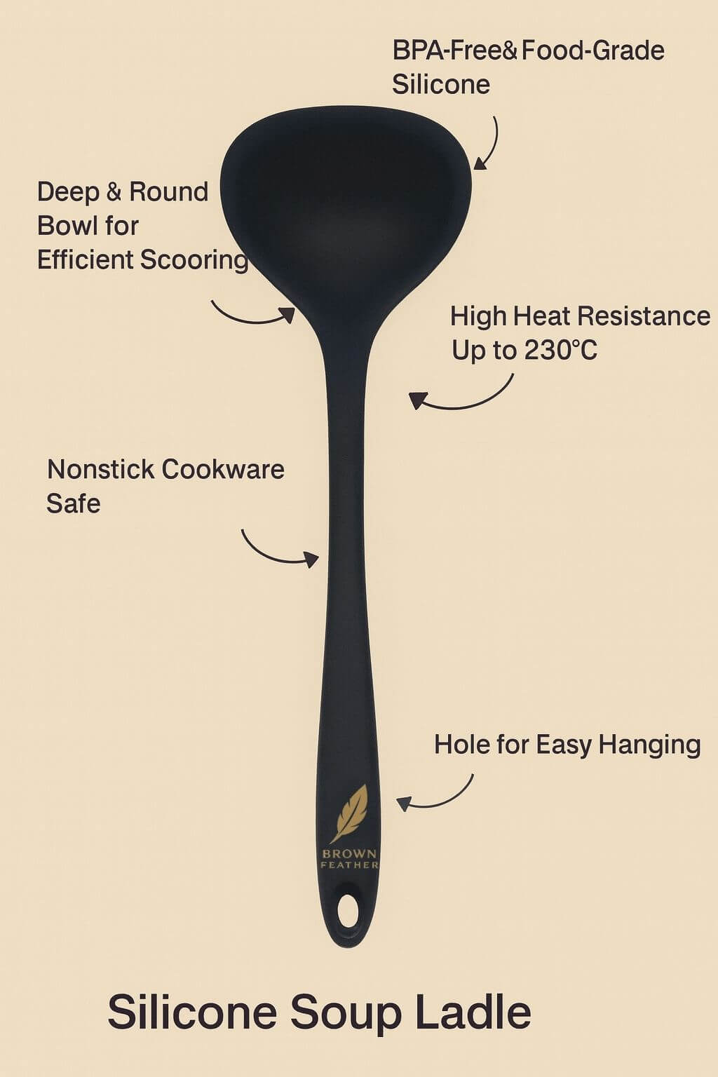 Brown Feather Silicone Soup Ladle – Heat-Resistant & Durable Cooking Utensil
