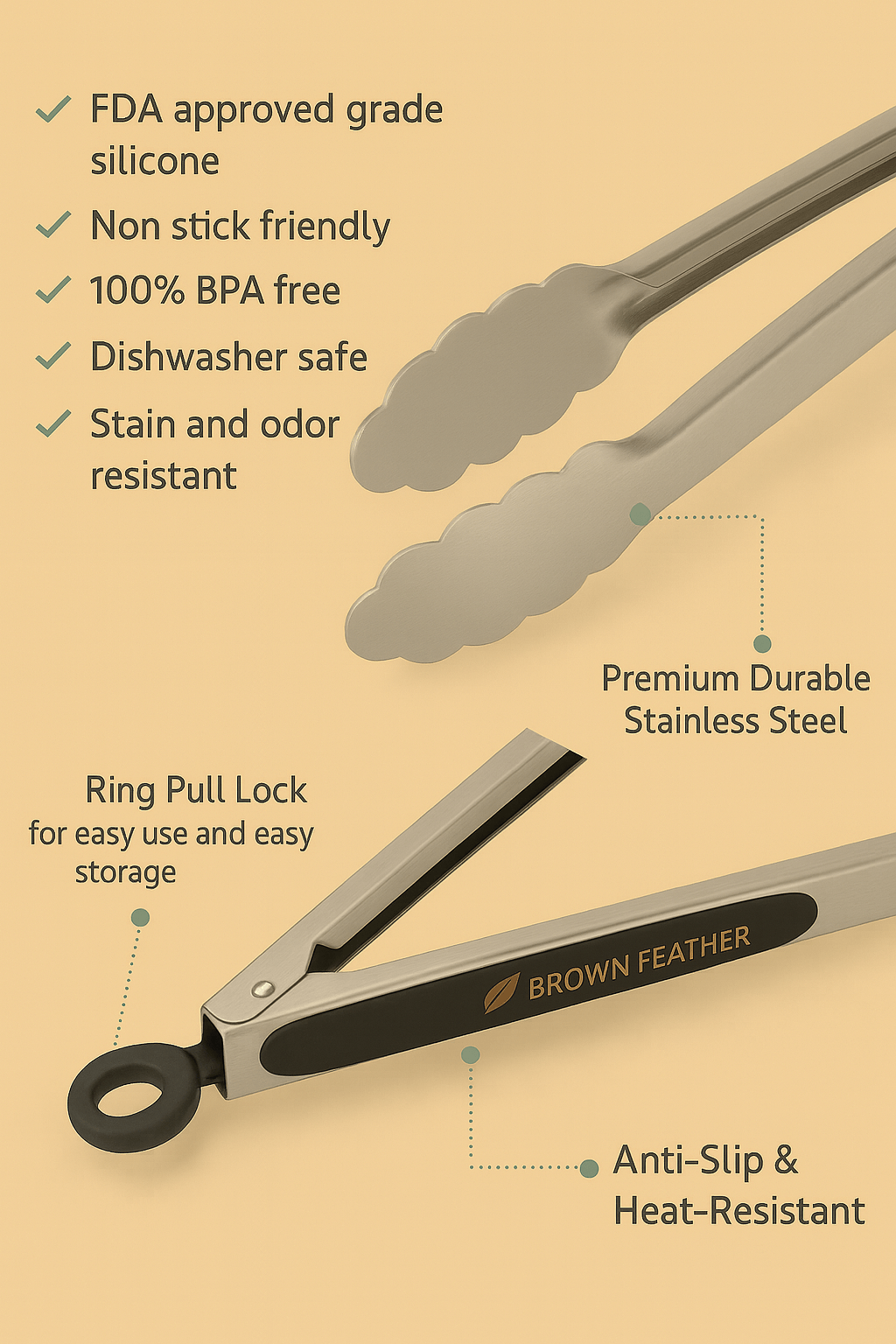 Brown Feather Stainless Steel Tongs with Silicone Handle – Durable, Heat-Resistant & Stylish