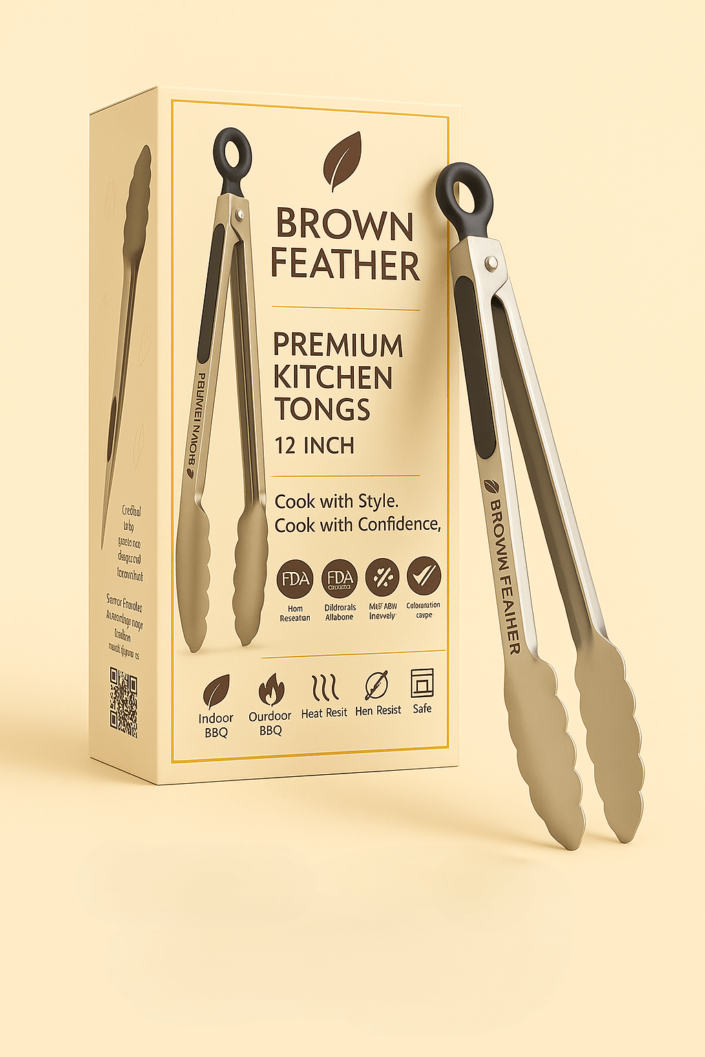 Brown Feather Stainless Steel Tongs with Silicone Handle – Durable, Heat-Resistant & Stylish